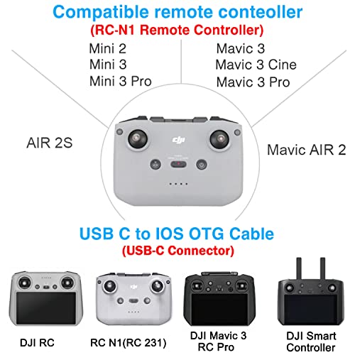 1FT+0.5FT(2 pack) USB C to IOS Remote Controller Cable for DJI Mavic 3, Mini 4 Pro, Mini 2/3 Pro, Air 2S, Mavic Air 2, RC-N1, DJI Drone to Phone 14/13/ Tablet Cable 90 Degree OTG Data Cord Accessories - style: USB C to IOS