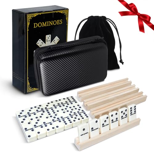 MeetYr Life Dominos Set for Adults 28 Dominos with 4 Wooden Trays 1 Storage Bag, Double 6 Dominoes Travel Case Game for Family & Parties (D6-White)