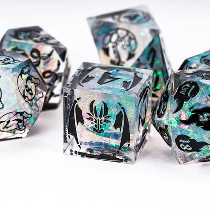 Cusdie 7-Piece Sharp Edges DND Dice Set with Dragon Pattern - Perfect for Tabletop RPGs Board Games Gifting and Collecting(Galaxy/Black Number) - color: Dragon Pattern Tc/B