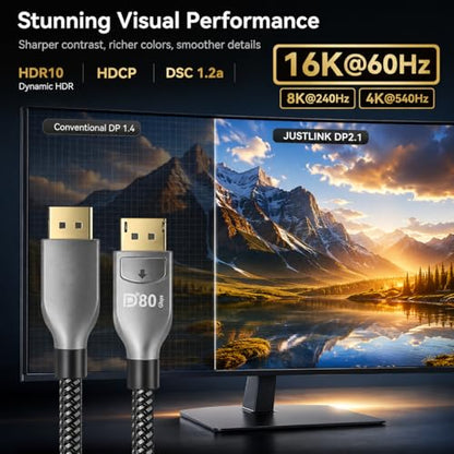 80Gbps DisplayPort 2.1 Cable 3.3FT, DP 2.1 Cable [Supports 16K@60Hz, 8K@120Hz, 4K@240Hz/165Hz/144Hz], Compatible with FreeSync/G-Sync Gaming Monitors, Suitable for RTX 5090/7900 XTX
