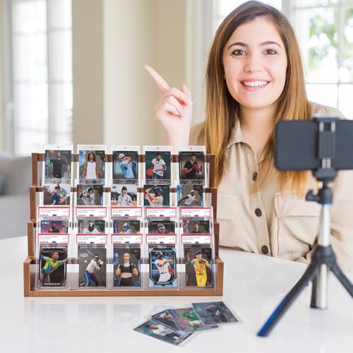 Donmills 4 Tier Card Display Stand, Wooden Trading Card Display Stand Tabletop, Graded Baseball Sports Card Display Shelf for Basketball Football Cards Game Collection, Show & Vendor, Brown - color: Brown-tabletop
