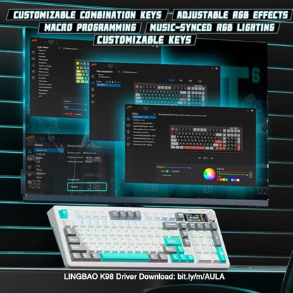 LINGBAO K98 PRO 96% Mechanical Keyboard Wireless, with Screen & Knob, Creamy Gaming Keyboard, Tri-Mode BT5.0/2.4GHz/USB-C, Gasket Mount Hot-Swappable Linear Switches RGB Backlit Gamer Keyboards for PC - color: K98Pro | 10000mAh | White Blue Grey