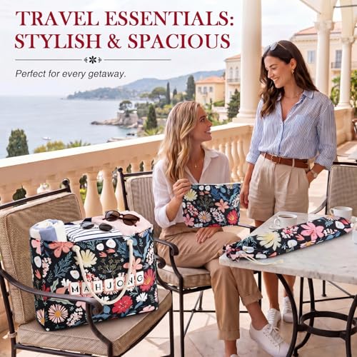Soulchen 3 Pcs Empty Mahjong Bag Set American Mahjong Buckled and Zippered Carrying Bag with Handle, Tile case and Drawstring Protective Sleeve for Rack Game Travel Accessories Gift (Black Floral) - style: Black Floral