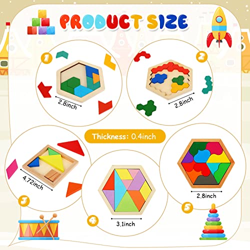 Jerify 5 Pack Wooden Tangram Puzzle for Kids, Brain Teaser Puzzles | Wooden Hexagon Puzzle Block Teaser, Pattern Blocks, Tangram Puzzle, Geometric Shapes Tangram Games, Boys Girls Toddler 1-3 - style: Geometry