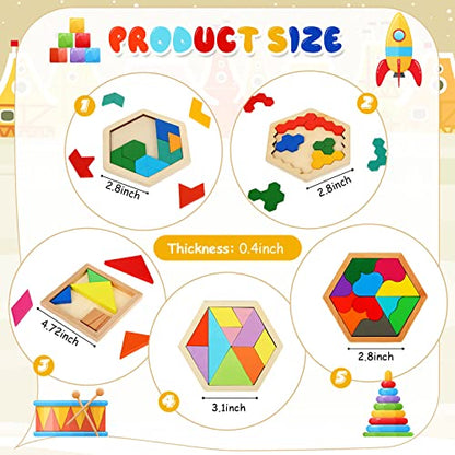 Jerify 5 Pack Wooden Tangram Puzzle for Kids, Brain Teaser Puzzles | Wooden Hexagon Puzzle Block Teaser, Pattern Blocks, Tangram Puzzle, Geometric Shapes Tangram Games, Boys Girls Toddler 1-3 - style: Geometry