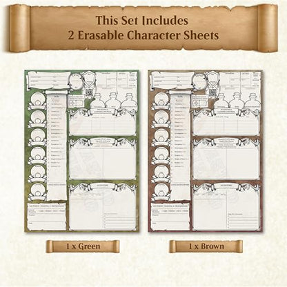 DND Character Sheets with Hand Drawn Artwork. Wet Erase Plastic Sheets Compatible with Dungeons and Dragons 5e & 2024 Player’s Handbook. Set of 2 (Green & Brown). - style: 2 pack