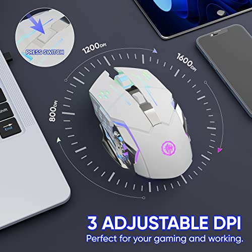 MELOGAGA Wireless Gaming Mouse Bluetooth/2.4G RGB Rechargeable -White | Bluetooth/2.4G Dual Modes, Silent Clicks, 7-Color Backlit, 6 Buttons, Rechargeable Battery for PC, Mac, Laptop, Chromebook - color: White
