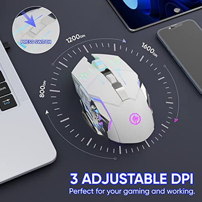 MELOGAGA Wireless Gaming Mouse Bluetooth/2.4G RGB Rechargeable -White | Bluetooth/2.4G Dual Modes, Silent Clicks, 7-Color Backlit, 6 Buttons, Rechargeable Battery for PC, Mac, Laptop, Chromebook - color: White
