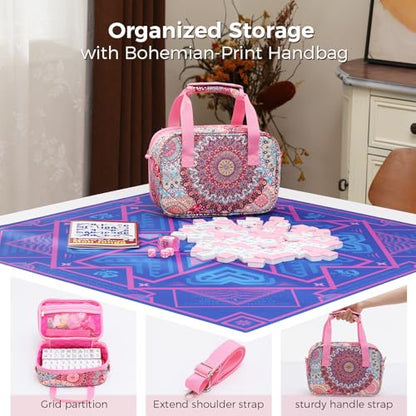 American Mahjong Tile Set with Printed Handbag, 166 Premium Pink Tile and Accessories, Portable and Stylish Mahjong Set, Mahjong Game Set for Travel, Gifts（Pink, No Racks） - color: Pink