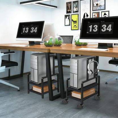 Adjustable 2-Tier PC Stand, Computer Tower Stand with 360° Locking Wheels & Hooks, CPU Cart for Floor, Carpet and Under Desk, 15.2" x 11.8" x 26", Black - color: Black
