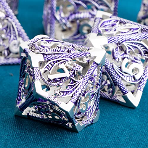 ARUOHHA Hollow DND Metal Dice Set Purple Dragons D and D Dice, RPG Role Playing Games Dungeons Polyhedral Dice with Gift Box D20 D12 D10 D8 D6 D4 - color: Silver Purple