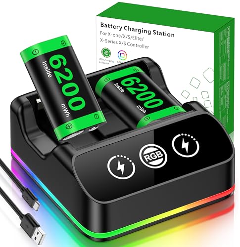 DINOSTRIKE 2X 6200mWh Controller Battery Pack Rechargeable Compatible with Xbox One【RGB Charging Station】【Extended USB C Cable】 Rechargeable Battery for Xbox Series S/X - size: S-2Pack