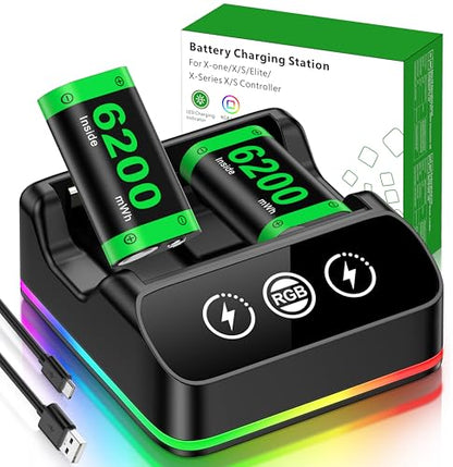 DINOSTRIKE 2X 6200mWh Controller Battery Pack Rechargeable Compatible with Xbox One【RGB Charging Station】【Extended USB C Cable】 Rechargeable Battery for Xbox Series S/X - size: S-2Pack