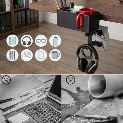 MYITYARD 5 in 1 Desk Cup Holder Clamp, Detachable Pencil Holder with Rotating Headphone Hanger & Controller Holder, Desk Organizer for Cup, Pen, Phone, Gaming Office Desk Accessories - color: With Two Controller Holders
