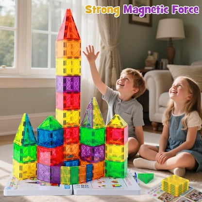 Premium Magnetic Tiles 100pcs: Durable STEM Building Blocks Kids 3-8 | Iron case with handle, lid as play base. 7.5cm tiles, sealed, ASTM & CPSIA safe. Montessori STEM for preschool. Gift 3-8 - size: 100 PCS