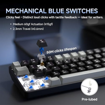 DIERYA DK68 60% Wireless Mechanical Gaming Keyboard, 3-Mode, Bluetooth 5.0/2.4G/USB-C, RGB Backlit, 68-Key Compact Mini for Windows, Mac, Linux - Clicky Blue Switch - Grey/Black - color: Grey Black/Blue Switch