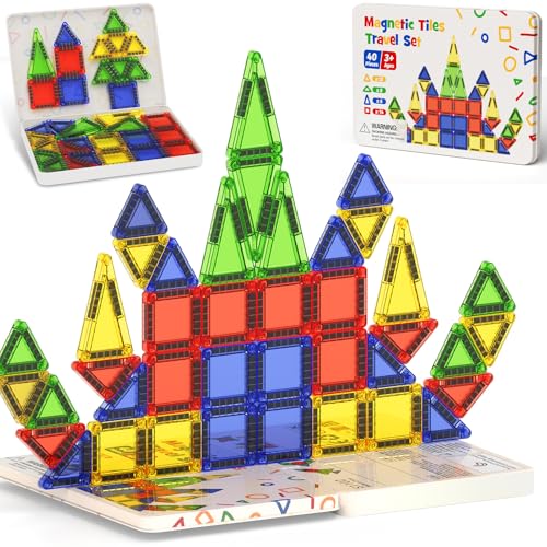 Mini Magnetic Tiles Travel Toys: Airplane Activities for Kids 3-8 | 40pcs Metal Box Play Base & Visual Storage Guide - Road Trip Essentials for Toddlers Quiet Games Portable Sets Must Haves - style: Glossy Surface Mini Magnetic Tiles - 40 PCS