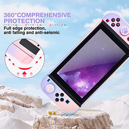 DLseego Pink and Purple Switch Case Set Gradient Carrying Case with 10 Slots Cute Protective Dockable Hard Shell with 4PCS Glitter Cat Paw Thumb Grips Caps and 1PC Flower Blossom Chain For Switch 2017 - color: Pink and Purple, size: Switch 1 6.3inch