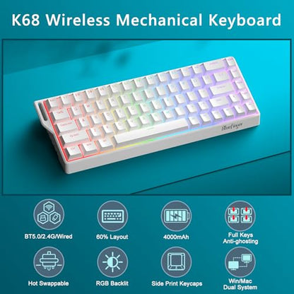 BlueFinger 60% Wireless Mechanical Gaming Keyboard, Bluetooth/2.4GHz/USB-C Hot Swappable RGB Backlit Keyboard with PBT Keycaps, 60 Percent Compact Keyboard for Mac PC PS5 Xbox, White - color: White