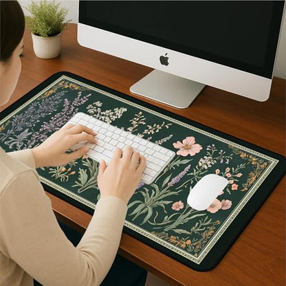 Deep Green Retro Desk Pad, Plant Flower Mouse Pad XXL, Large Gaming Mouse Mat, Laptop Pad, Desktop Protective Pad, Computer Mats with Stitched Edges, Women Office Desk Accessory 31.5"X15.7" - color: Green Lavender