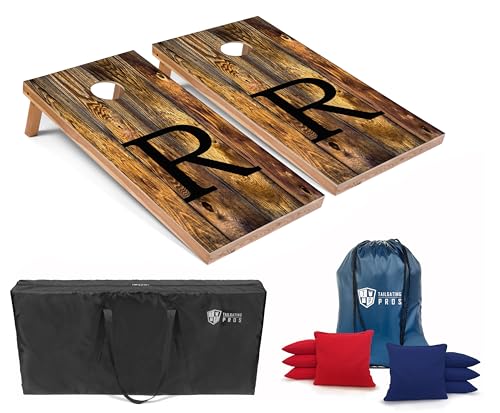 Tailgating Pros Monogrammed Honey Cornhole Boards w/Ring Lights - 4'x2' Lightweight Cornhole Game- Includes LED Rings, Carrying Case, Set of 8 Corn Hole Bags & Tote - color: R