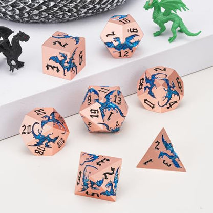 Metallic DND Dragon Dice Set,Metal Sharp Edge Polyhedral Dice with Dragon for Dungeons and Dragons RPG TTRPG D&D 7-Die Set with Gift Case Dragon-Pearl Red Copper Transparent Blue - color: Dragon-pearl Red Copper Transparent Blue