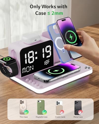 Acer 7-in-1 Wireless Charging Station with LED Clock - 30W Fast Wireless Charger for iPhone 16/15/14/13/12/Pro Max, Apple Watch, AirPods - Bluetooth Auto Time Sync & Night Lights (Purple) - color: Purple