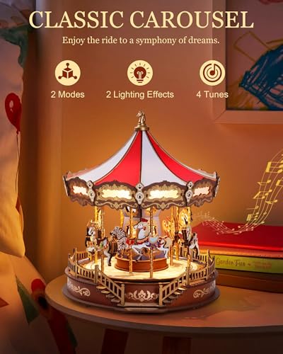 Rolife Wooden 3D Puzzles for Adults, DIY Carousel Music Box with Chaser Lights 11.6" Model Building Kit, Construction Project Craft Kits for Adults Hobby Home Decor Chiristmas Gifts for Boys Girls