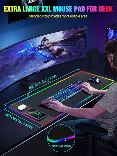 TopMade Wireless Charging RGB Mouse Pad, Waterproof Gaming Desk Pad with 4 Light Modes & 11 RGB Colors, Ultra-Smooth Surface, Non-Slip Base, 31.5"x15.75" XXL Large Desk Mat for MacBook, PC, Laptop - color: Rgb - Black