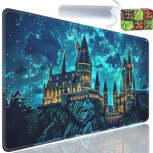 Playmat for MTG, 24x14 Inches Playmats, for TCG and CCG Trading Card Game Mat, Non-Slip Rubber for MTG Playmats with A Storage Bag and 6 Dice Set, Old Castle by The Sea Pattern - color: Yu-Playmat-1-E121