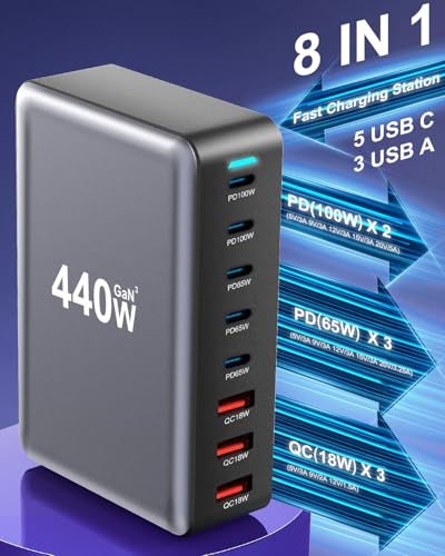 440W USB C Fast Charger Block, Multi-port USB Charging Station, GaN Ⅲ Double 100W PD PPS Port Fast Charging Station for Multiple Devices,Laptop Wall Charger Compatible with MacBook, iPhone 17,iPad etc - size: 440W