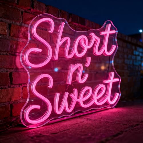 Short n' Sweet Pink Neon Sign - 13.8"x12.2" Cute Cursive LED Wall Art, Aesthetic Pop Music Room Decor for Girls Bedroom, Vanity, Dorm & Party Background, USB Powered Hanging Light - color: PINK