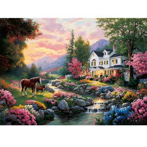 300 Pieces Puzzles for Adults&Kids,Large Piece Cottage Horse Garden Puzzle | Country Sunset Valley Mountain Brook for Man&Moman,Perfect Fit Dust-Free,Family Activity Birthday Gifts for Seniors,20.5*15in - color: Horse