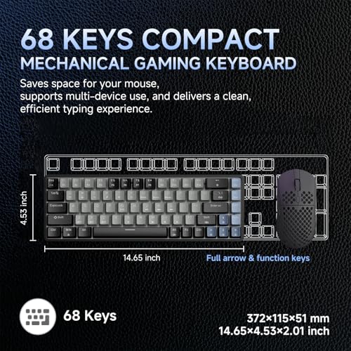 DIERYA DK68 60% Wireless Mechanical Gaming Keyboard, 3-Mode, Bluetooth 5.0/2.4G/USB-C, RGB Backlit, 68-Key Compact Mini for Windows, Mac, Linux - Clicky Blue Switch - Black/Grey - color: Black Grey/Blue Switch