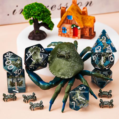 DND Resin Crab Dice Set, Red D&D Polyhedral Dice for Dungeons and Dragons RPG, MTG Role Playing Games D and D Dice 7pc D20 D12 D10 D8 D6 D4 for Ages 15 and Up - color: Green Crab