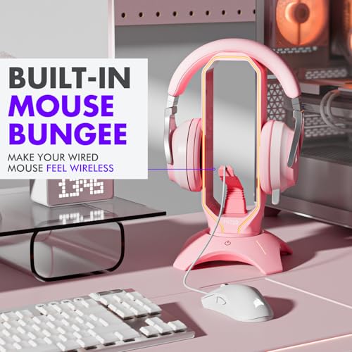 Tilted Nation Cute Headphone Stand Pink | Headset Stand with RGB, Mouse Bungee Holder, and 2 Port USB Hub Charger - Desk Gaming Accessories - color: Pink