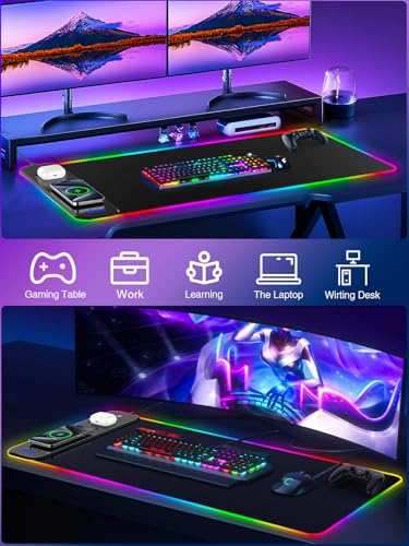 Magnetic Charging Mouse Pad 31.5x15.75, 15W Fast Wireless Charging Desk Mat, XXL Desk Pad RGB Gaming Mousepad, Home Office Large Keyboard Pad with Ultra-Smooth Surface, Non-Slip Base - color: 31.5x15.75"Magnetic RGB-Black