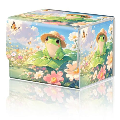 Magnetic Closure TCG Deck Box Portable Card Holder Trading Card Deck Box | PU Leather Collectible Card Case Game Trading Card Deck Box Storage Scratch Resistant Lining, Cute Green Frog Daisy Flower - color: Cute Green Frog Daisy Flower