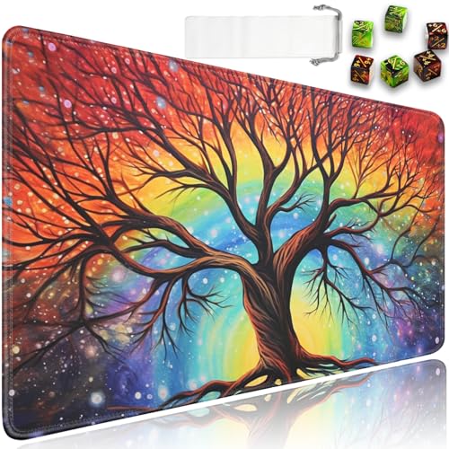 for MTG Playmat + Drawstring Travel Pouch + 6 Dice Counter, for Trading Card Game Playmats or Mouse Pad, Anti-Slip Rubber 24 x 14 in, Colorful Tree of Life for TCG Playmat (No with Zone) - color: JV-Playmat-5-1-A2