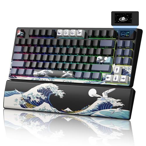 Womier 75% Wireless Mechanical Keyboard with Color Multimedia Screen | Anime Gaming Creamy Keyboard,3-Modes Hot Swap Kanagawa Theme Keyboard w/Wrist Rest,Gasket RGB Custom for Mac/Win,SK80 PRO - color: Anime Black