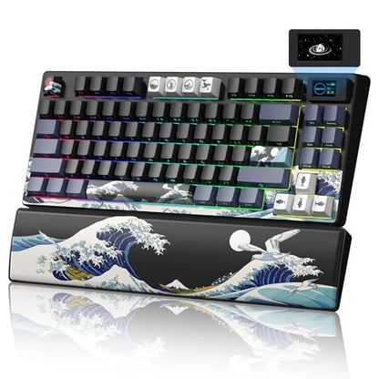 Womier 75% Wireless Mechanical Keyboard with Color Multimedia Screen | Anime Gaming Creamy Keyboard,3-Modes Hot Swap Kanagawa Theme Keyboard w/Wrist Rest,Gasket RGB Custom for Mac/Win,SK80 PRO - color: Anime Black