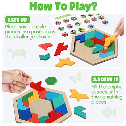 Yunsailing 3 Pack Large Wooden Blocks Puzzles Hexagon Tangram Puzzle Wooden Russian Brain Puzzles for Adult Challenge Teasers Geometric Jigsaw Logic Iq STEM Educational Gift Graduation(Fancy) - style: Fancy