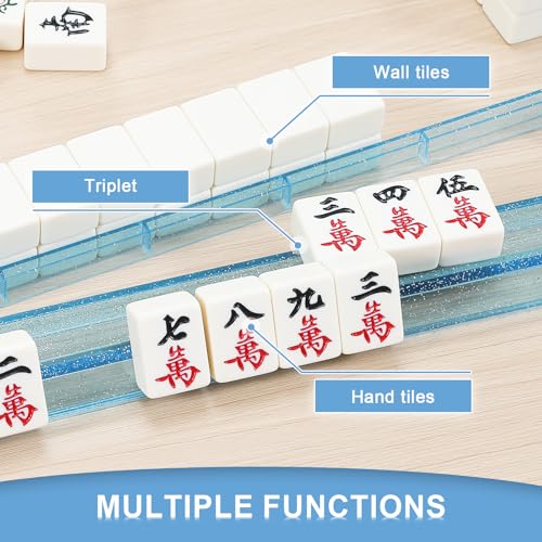 Mahjong Racks with Pushers 4PCS Set Majiang Tile Holder Acrylic Mahjong Racks Accessories and Gifts (Glitter Blue) - color: Bling Blue