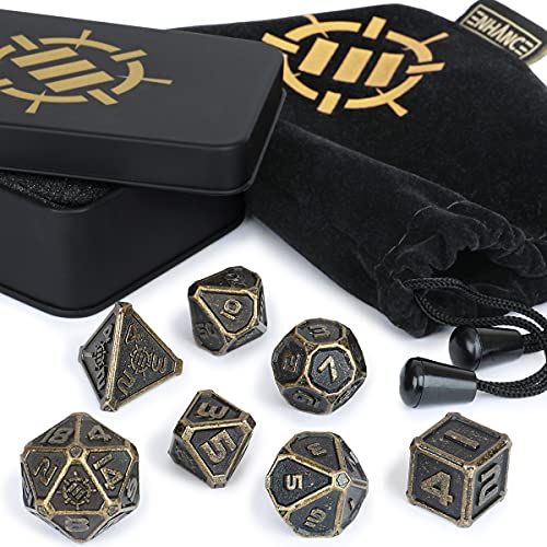 ENHANCE DND Metal Dice Set - 7pc Polyhedral Dice with Storage Case and Drawstring Bag - Solid Metal Set for Dungeons and Dragons, Pathfinder, More RPGs (Ancient Bronze) - color: Ancient Bronze