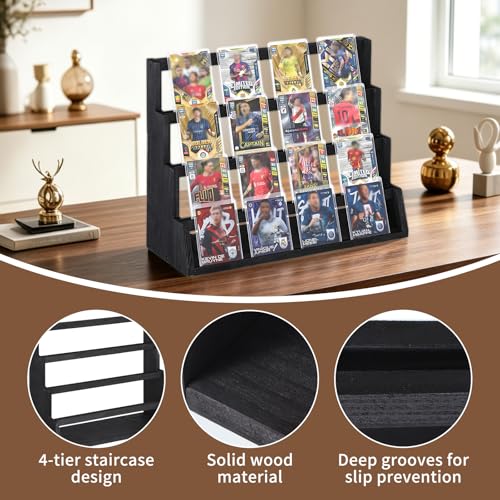 4-Tier Wooden Trading Card Display Stand, 15.3"x6.3"x12.6" Large Capacity Display Case with Deep Slots, Black Finished Wood Card Holder for Card Collection, Game Cards & Memorabilia