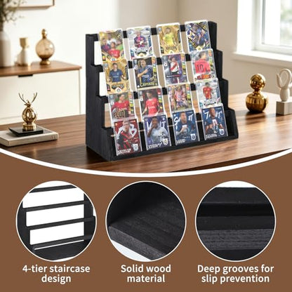 4-Tier Wooden Trading Card Display Stand, 15.3"x6.3"x12.6" Large Capacity Display Case with Deep Slots, Black Finished Wood Card Holder for Card Collection, Game Cards & Memorabilia