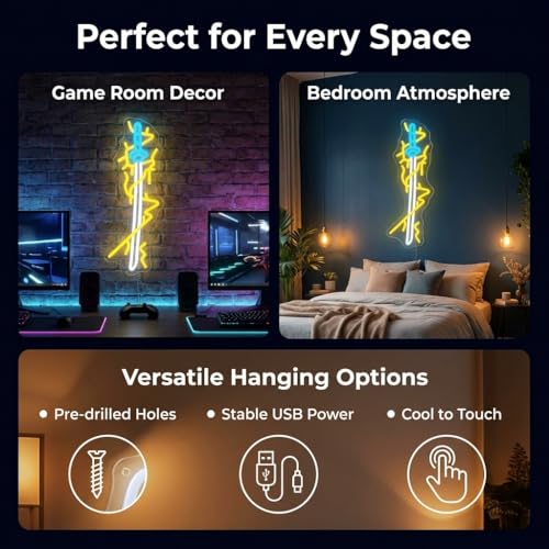 Anime Style Lightning Sword Neon Sign - Yellow & Blue LED Wall Art, USB Powered Dimmable Graffiti Light with 6-Level Brightness, Acrylic Backboard Hanging Lamp for Gaming Room, Bedroom, Man Cave (16.5 x 6.3 Inch) - color: YELLOW