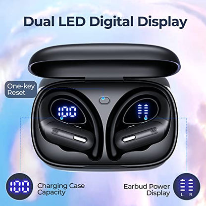 Active Noise Cancelling Wireless Earbuds Bluetooth Headphones 90 Hrs Playtime Ear Buds with Hi-Res Stereo Deep Bass Power Display Earphones with Earhooks Waterproof Transparency Headset Sports/Running - color: Black
