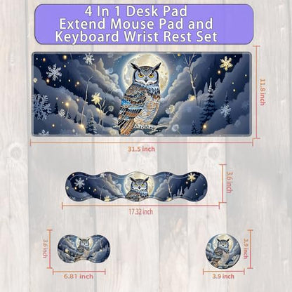 Large Gaming Mouse Pad Set with Wrist Support – 31.5" x 11.8" 4-in-1 XXL Mousepad with Keyboard Wrist Rest, Mouse Wrist Rest & Coaster – Ergonomic Desk Mat for Office, Home – Owl Moon - color: Owl Moon