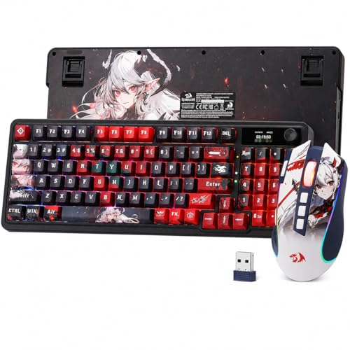 Redragon Anime Gaming Keyboard and Mouse Combo, K719 PRO 95-Key Wireless Gasket Mechanical Keyboard w/1.14'' TFT Screen & Knob + M612AK PRO 8000 DPI Mouse w/9 Programmable Buttons, 3-Mode Bundle - color: Epic Twin
